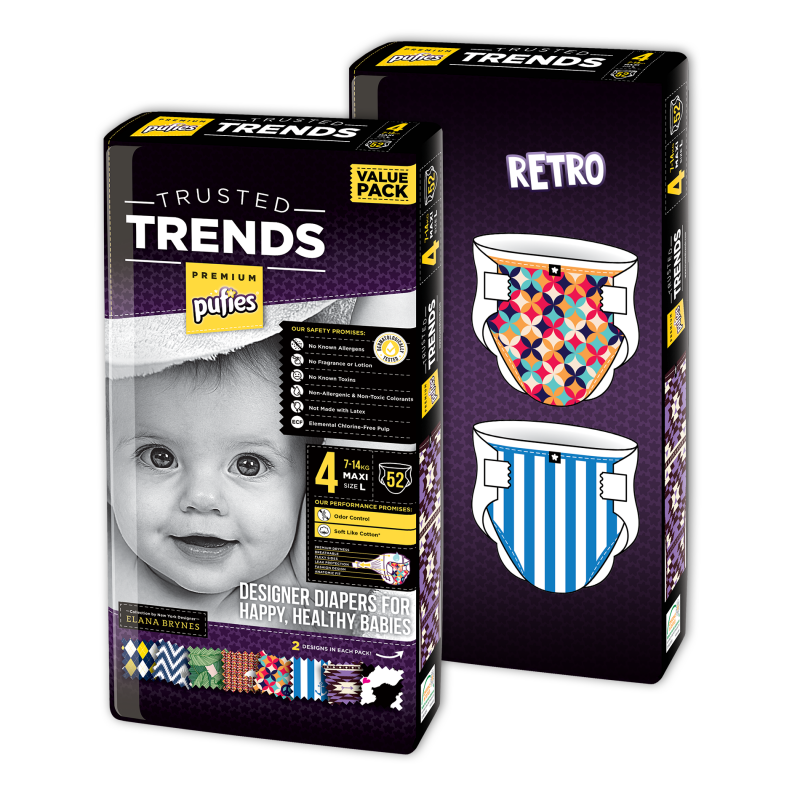 Πάνες PufiesTrusted Trends Maxi 4, Retro baby Value Pack 2x52 τεμάχια.  10228