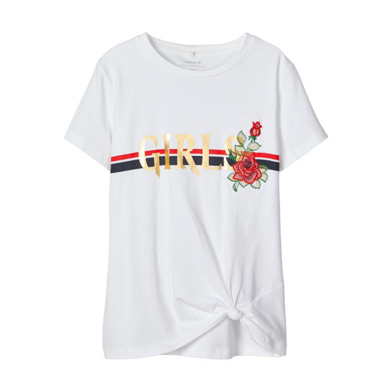 Λευκή βαμβακερή μπλούζα με γράμματα και κεντήματα για κορίτσια  107539