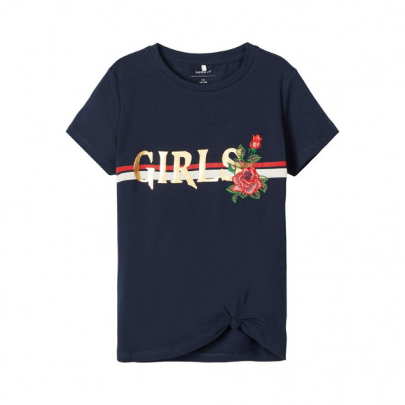 Βαμβακερή μπλούζα με γράμματα και κεντήματα, σε σκούρο μπλε για κορίτσια Name it 107542 