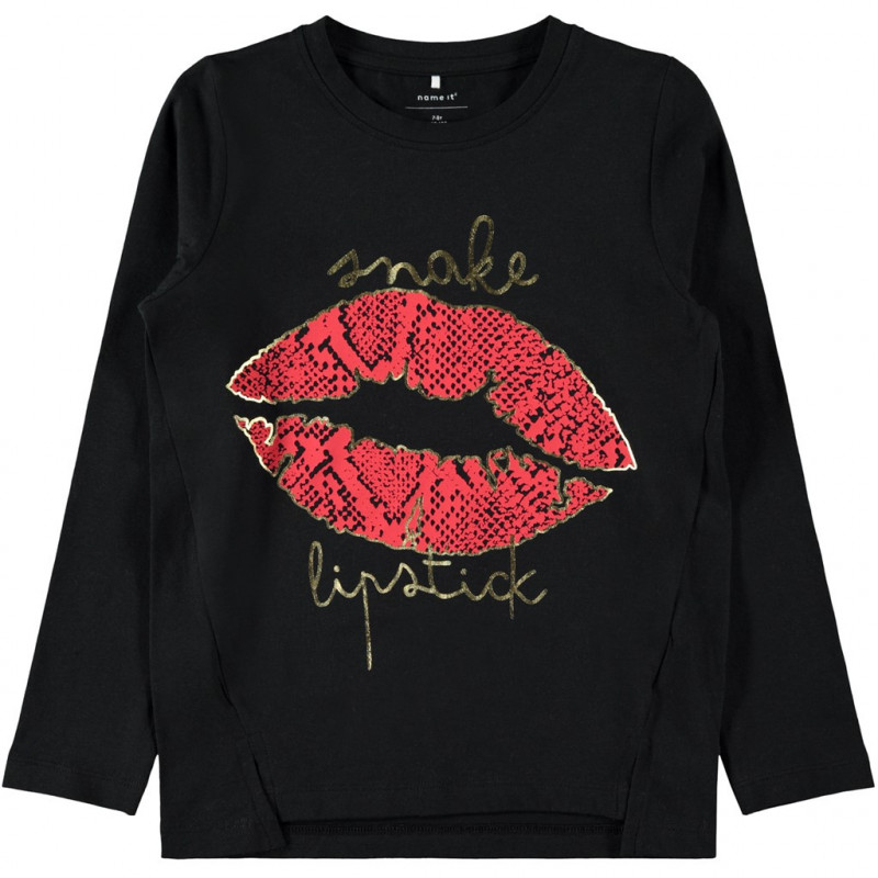 Βαμβακερή μπλούζα με τύπωμα και χρυσά γράμματα, μαύρη για κορίτσια  107654