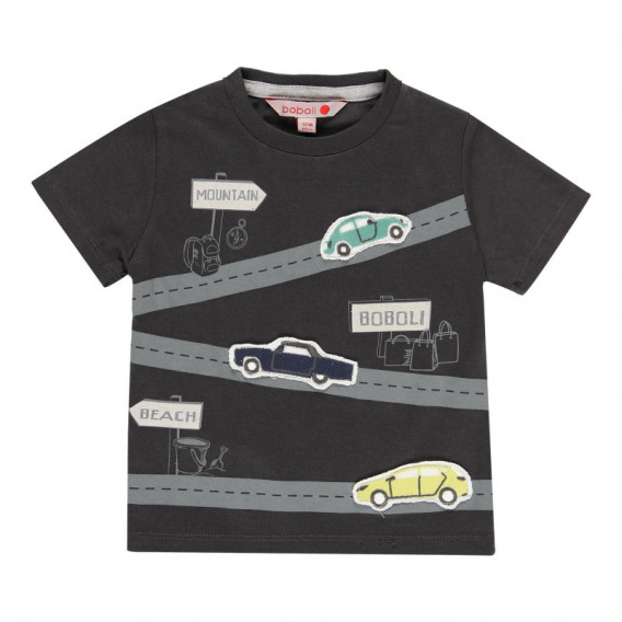 Μπλουζάκι για αγόρια βαμβακερό με τύπωμα αυτοκινήτου, σκούρο γκρι Boboli 113812 