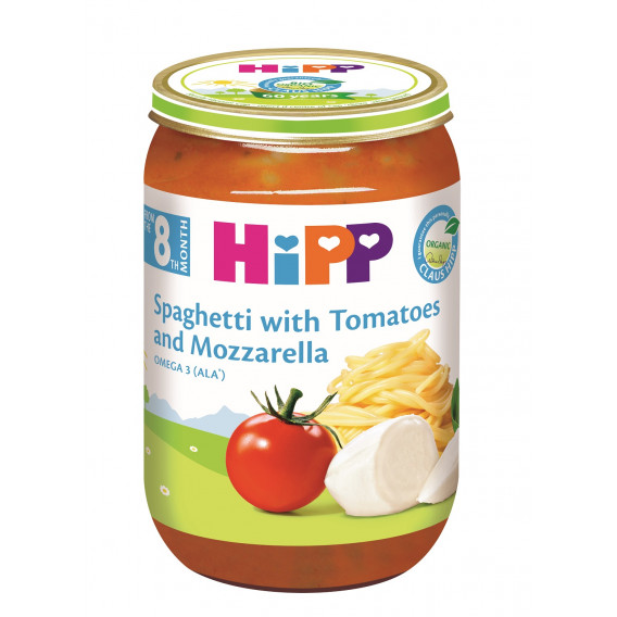 Βιολογικά μακαρόνια πουρέ, ντομάτες, μοτσαρέλα, βάζο 220 γρ. Hipp 114904 