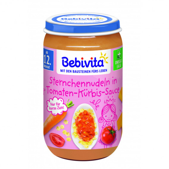 Πουρές ζυμαρικών με ντομάτα και κολοκύθα, βάζο 250g Bebivita 117603 