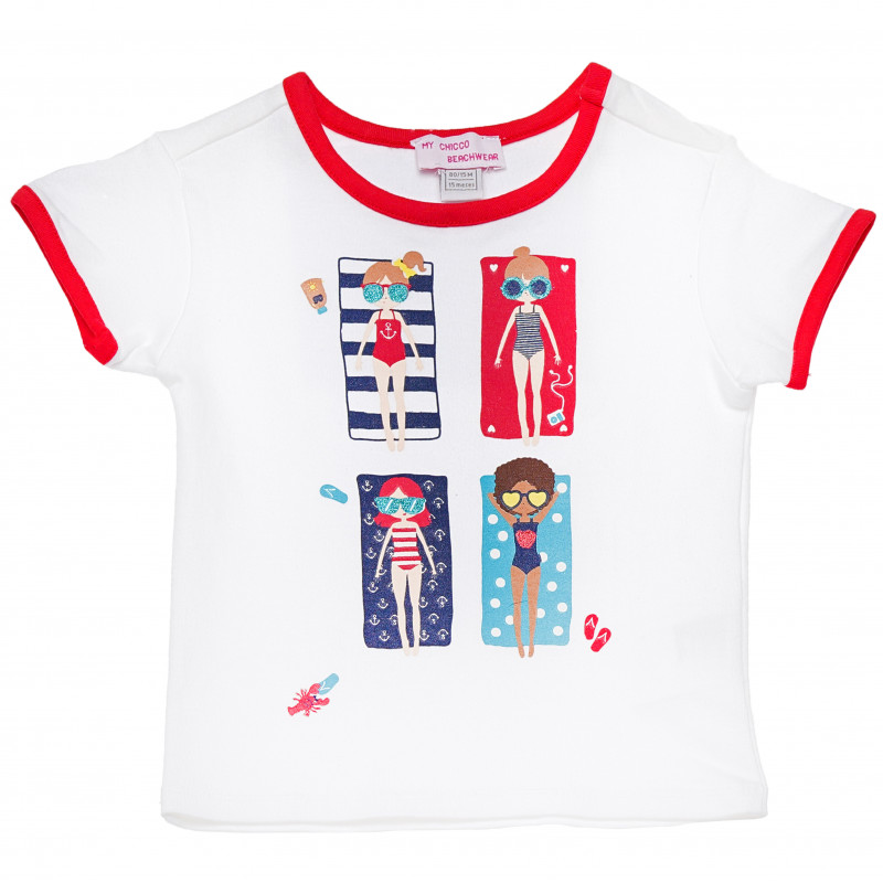 Λευκό t-shirt με κόκκινο περίγραμμα και στάμπα, για κορίτσι  126743