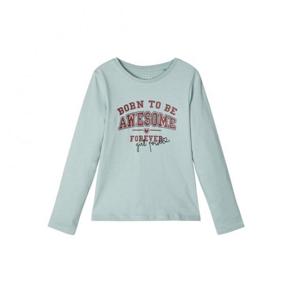 Βαμβακερή μακρυμάνικη μπλούζα με επιγραφή, για κορίτσι-σε χρώμα μέντα Name it 127743 