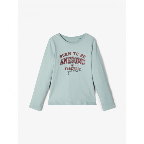 Βαμβακερή μακρυμάνικη μπλούζα με επιγραφή, για κορίτσι-σε χρώμα μέντα Name it 127744 2