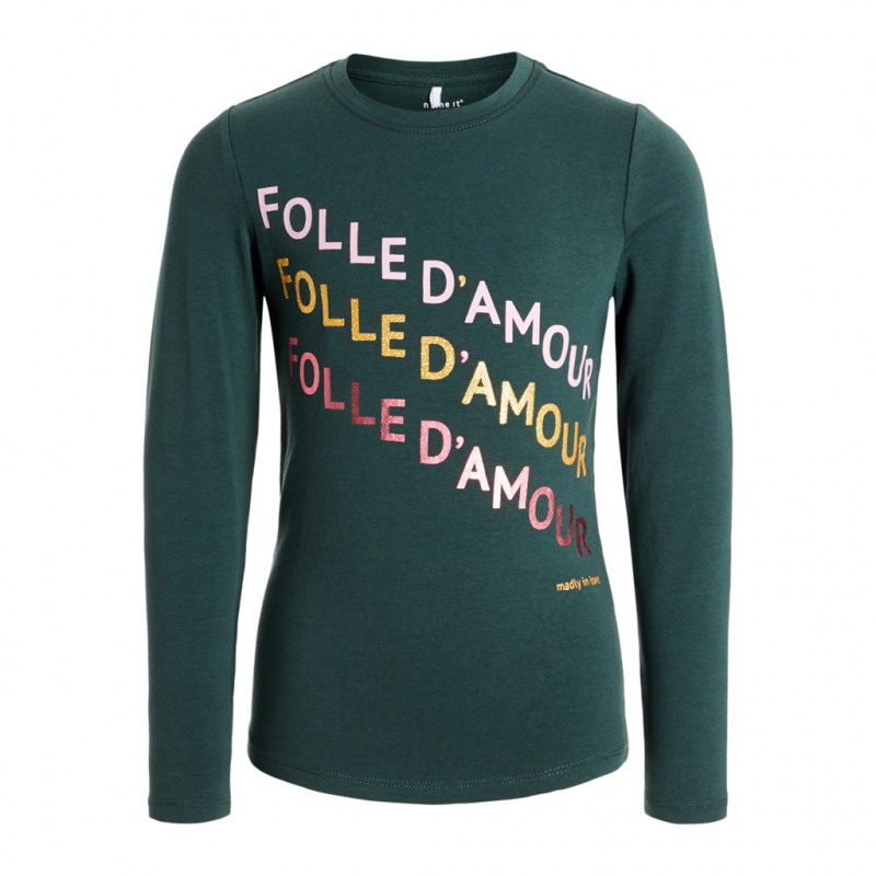 Πράσινη βιολογική βαμβακερή μπλούζα με γράμματα Folle damour για κορίτσια  127991