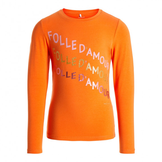Πορτοκαλί οργανική βαμβακερή μπλούζα με γράμματα Folle d'amour για κορίτσια Name it 127994 
