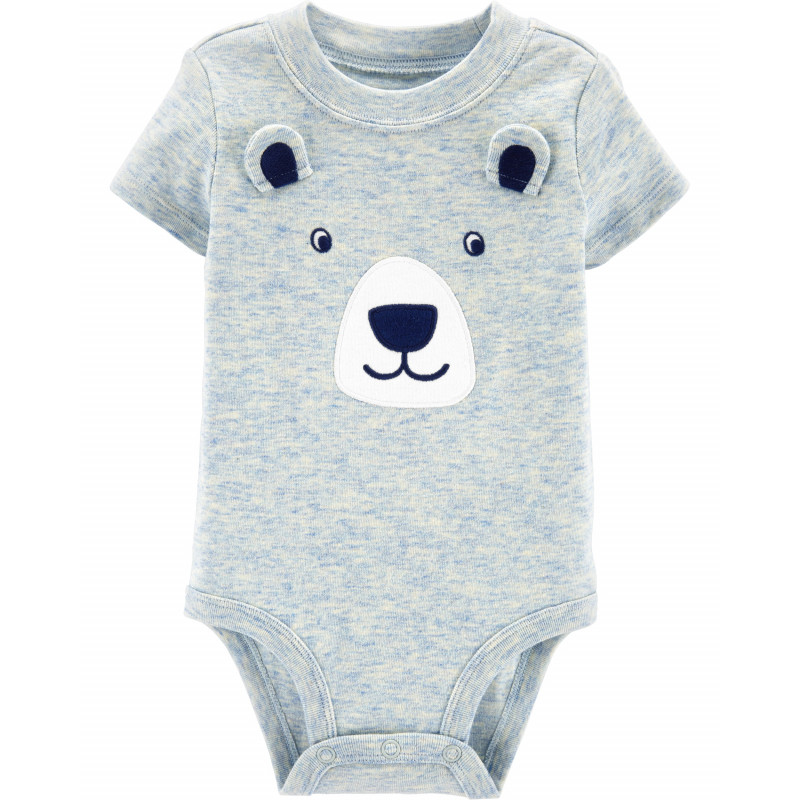 Βαμβακερό κορμάκι για μωρά με κοντά μανίκια και απλικέ μπλε αρκούδας  150069