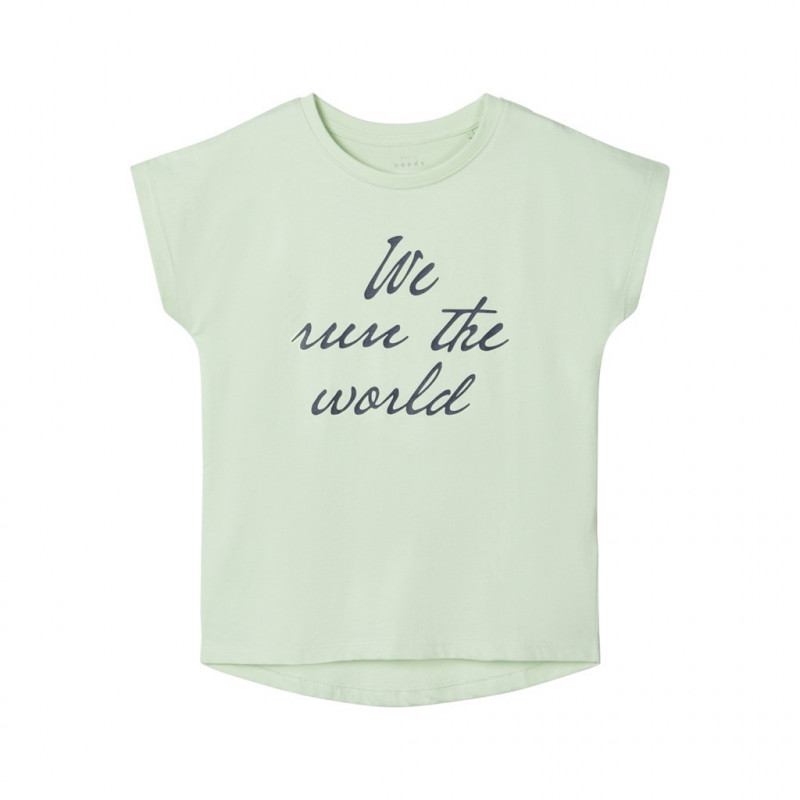 Μπλουζάκι από οργανικό βαμβάκι με γραφική εκτύπωση για κορίτσια σε χρώμα μέντας  150361