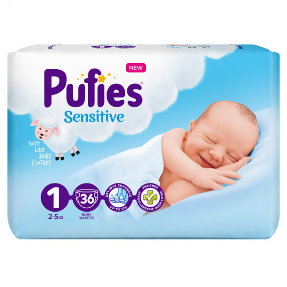 Diapers Pufies Sensitive, 1 Νεογέννητο, Νεογέννητο Πακέτο, 2-5 κιλά, 36 τεμάχια Pufies 151234 
