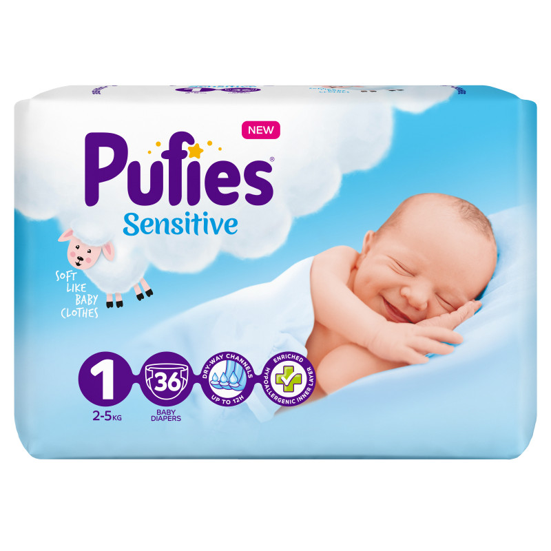 Diapers Pufies Sensitive, 1 Νεογέννητο, Νεογέννητο Πακέτο, 2-5 κιλά, 36 τεμάχια  151234