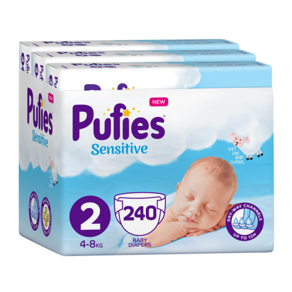 Diapers Pufies Sensitive, 2 Mini, Μηνιαία συσκευασία, 4-8 kg, 240 τεμάχια Pufies 151241 