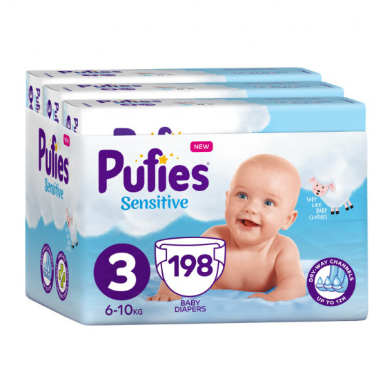 Diapers Pufies Sensitive, 3 Midi, Μηνιαία συσκευασία, 6-10 kg, 198 τεμάχια Pufies 151242 