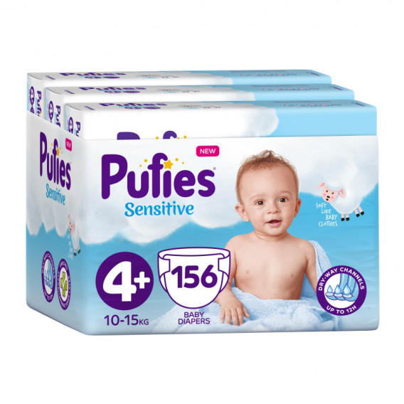 Diapers Pufies Sensitive, 4+ Maxi +, Μηνιαίο πακέτο, 10-15 kg, 156 τεμάχια Pufies 151244 