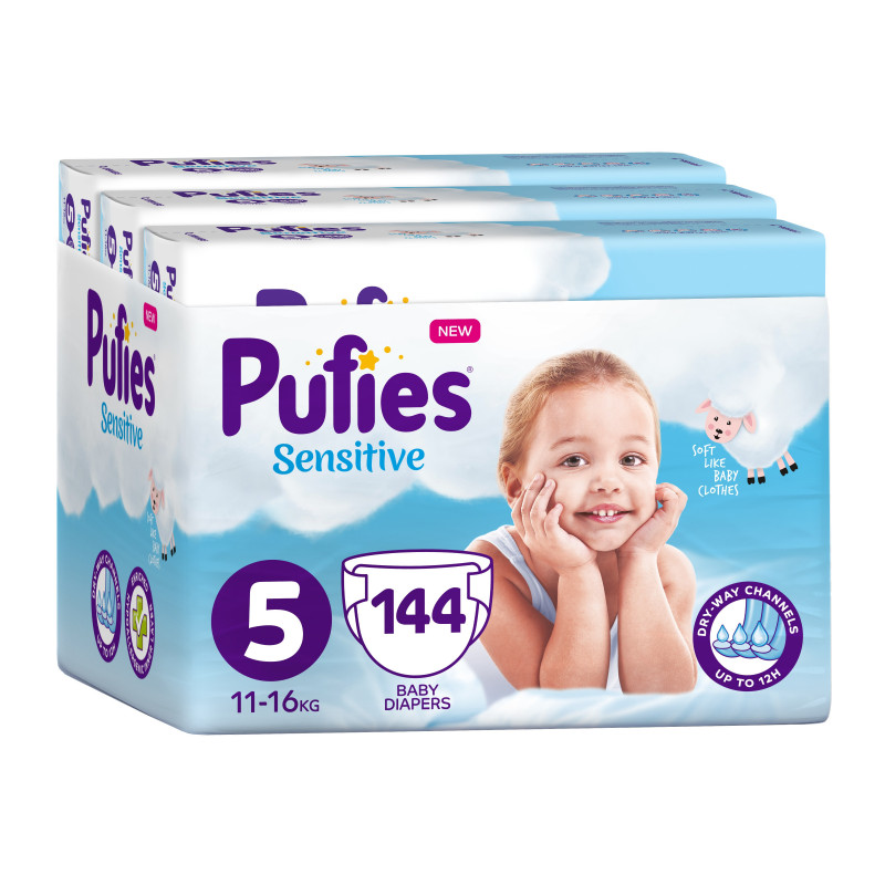 Diapers Pufies Sensitive, 5 Junior, Μηνιαία συσκευασία, 11-16 kg, 144 τεμάχια  151245