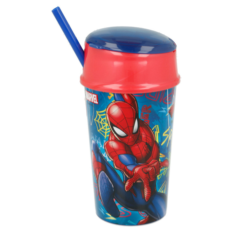 Κύπελλο με καπάκι, καλαμάκι και χώρο φαγητού - Spiderman, 400 ml  153220