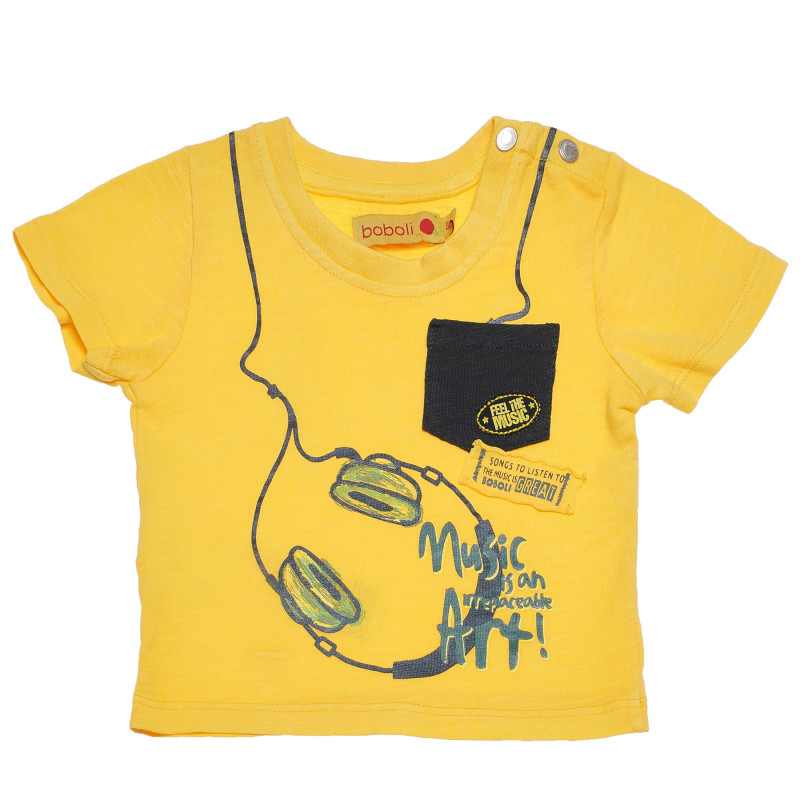Βαμβακερό μπλουζάκι με τύπωμα και τσέπη για μωρά, κίτρινο  154846