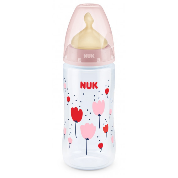 First Choice μπουκάλι σε ροζ χρώμα πολυπροπυλενίου, Termo control​ με πιπίλα μέσης ροής για ηλικία 0-6 μηνών, 300 ml. NUK 181481 7