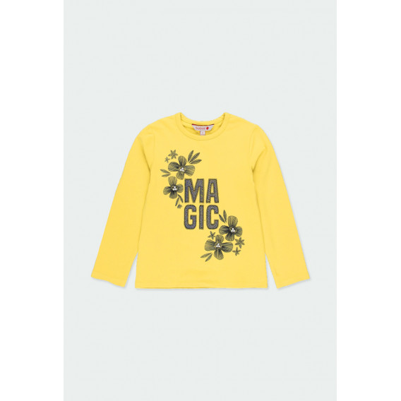 Βαμβακερή μπλούζα με μακριά μανίκια για κορίτσια με επιγραφή και floral σχέδιο, κίτρινο Boboli 185595 