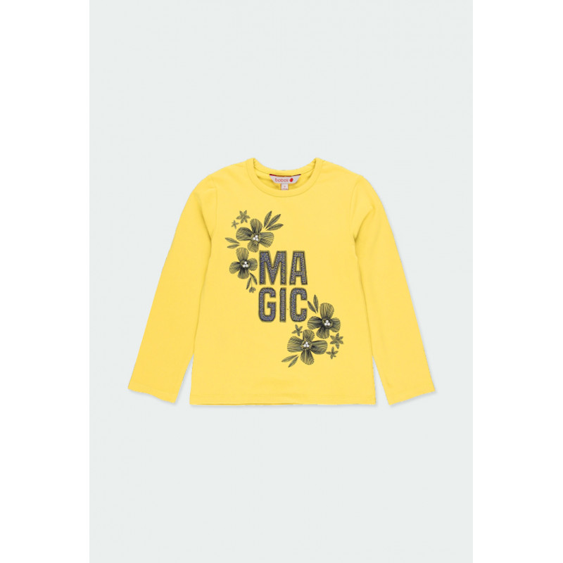 Βαμβακερή μπλούζα με μακριά μανίκια για κορίτσια με επιγραφή και floral σχέδιο, κίτρινο  185595