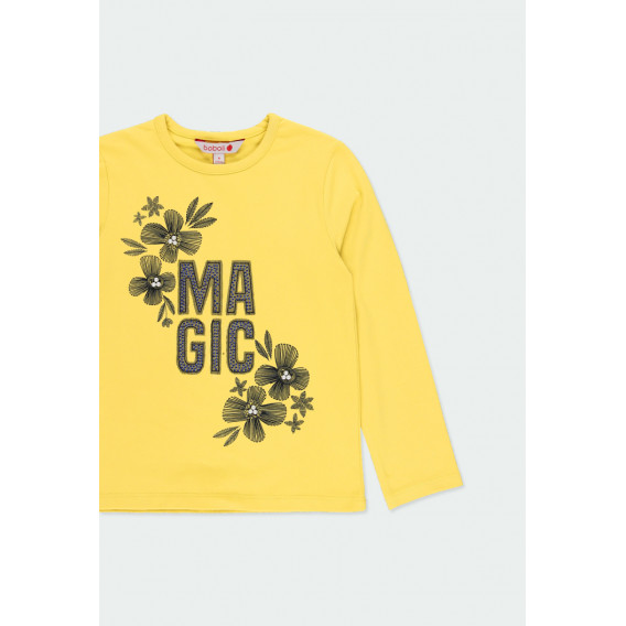 Βαμβακερή μπλούζα με μακριά μανίκια για κορίτσια με επιγραφή και floral σχέδιο, κίτρινο Boboli 185597 3