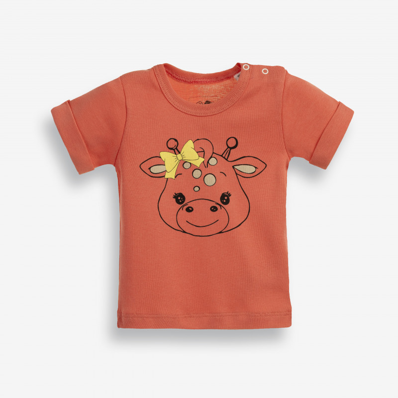 Βρεφικό, βαμβακερό μπλουζάκι για κορίτσι με στρίφωμα στα μανίκια και τυπωμένο σχέδιο, σε κοραλλί χρώμα  185947