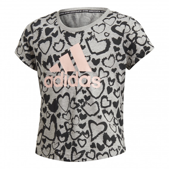 Γκρι μπλουζάκι με στάμπες καρδιάς και ροζ λογότυπο Adidas 193149 