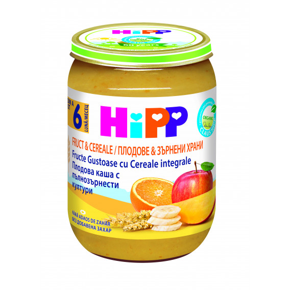 Βιολογικά δημητριακά φρούτων με δημητριακά ολικής αλέσεως, 6+ μηνών, βάζο 190 γρ. Hipp 19614 