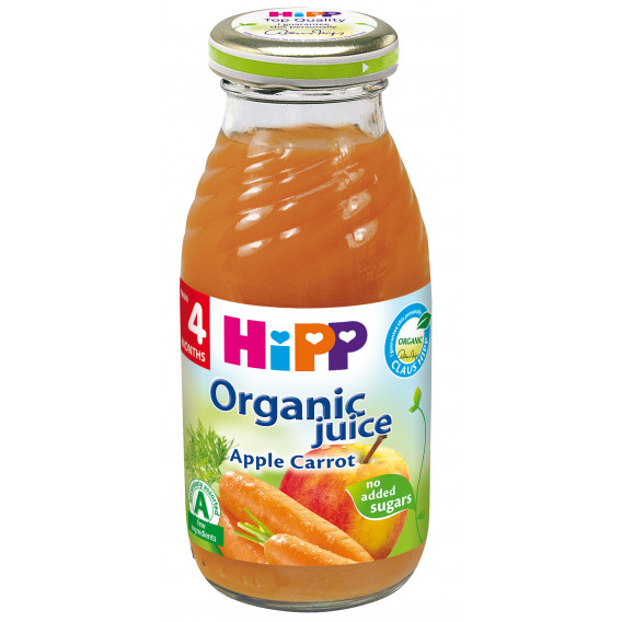 Βιολογικός χυμός μήλου και καρότου, 3-5 μηνών, γυάλινη φιάλη 200 ml. Hipp 19637 