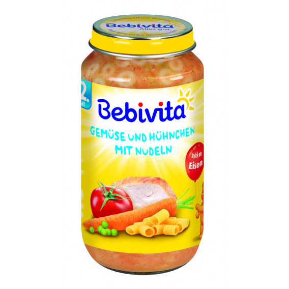 Πουρές λαχανικά, μακαρόνια και κοτόπουλο, 1+ ετών, βάζο 250 γρ. Bebivita 19649 