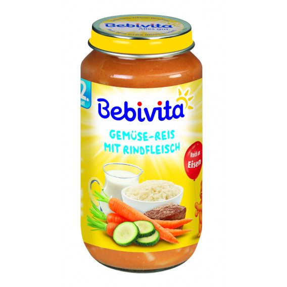 Πουρές λαχανικά, ρύζι και μοσχάρι, 1+ ετών, βάζο 250 γρ. Bebivita 19650 