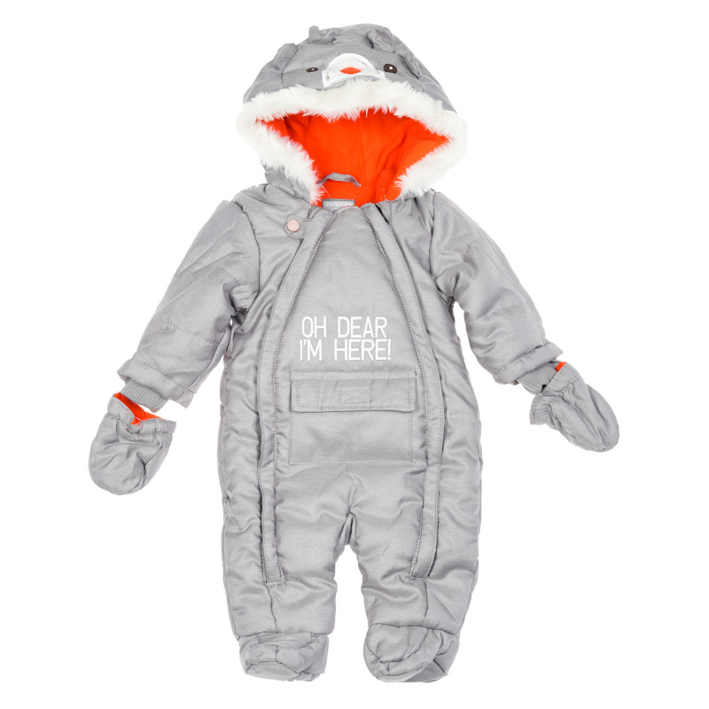 Μονοκόμματο snowsuit με αφαιρούμενα γάντια για ένα μωρό, γκρι  204280