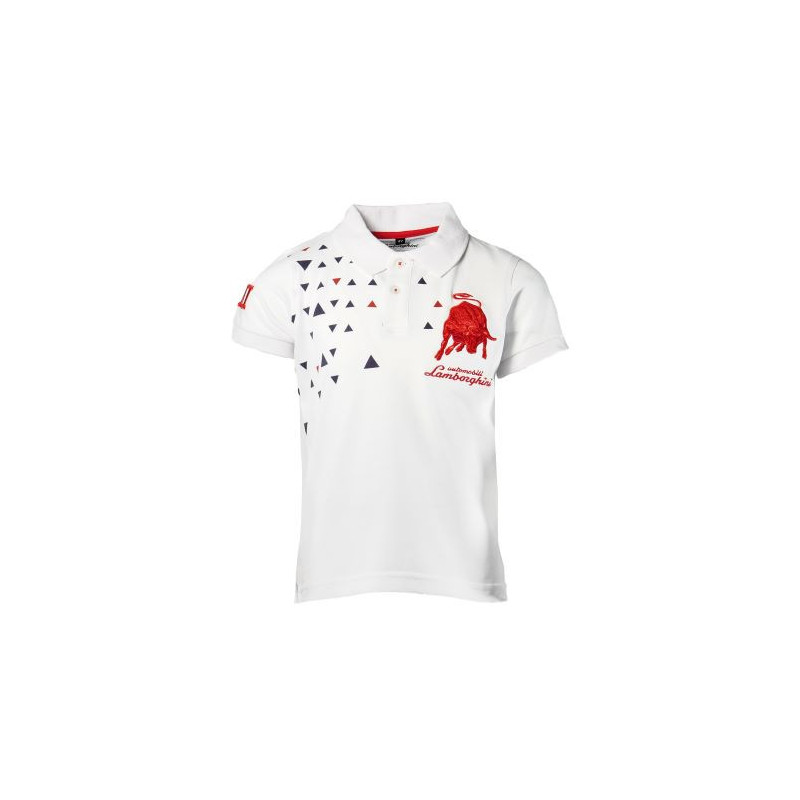Μπλουζάκι πόλο για αγόρι, σε λευκό χρώμα, με γεωμετρικά σχέδια και κεντημένο έμβλημα της μάρκας  20873