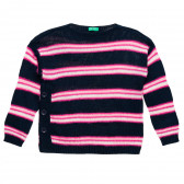 Πλεκτό πουλόβερ με ροζ ρίγες, σκούρο μπλε Benetton 213043 