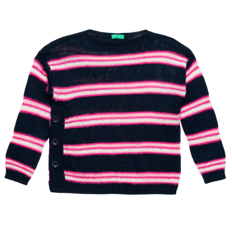 Πλεκτό πουλόβερ με ροζ ρίγες, σκούρο μπλε  213043