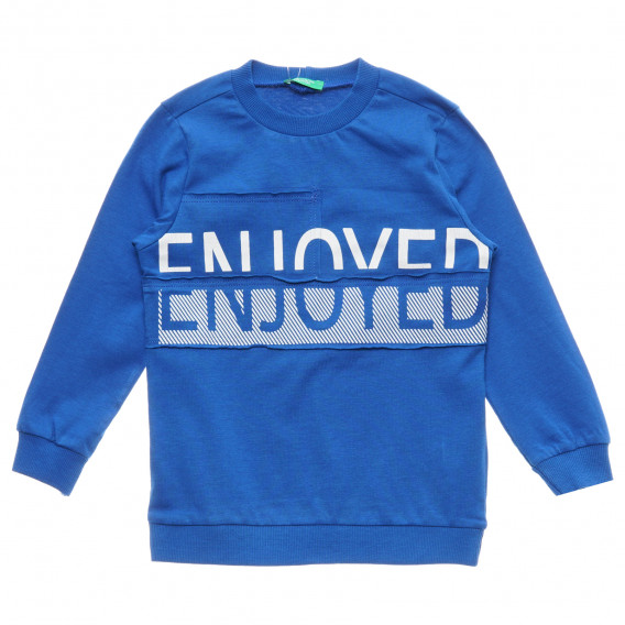 Βαμβακερή μπλούζα με μακριά μανίκια και γράμματα Enjoyed, μπλε Benetton 215803 