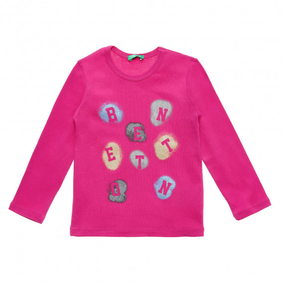Βαμβακερή μπλούζα με γράμματα με τη μάρκα, ροζ Benetton 215987 