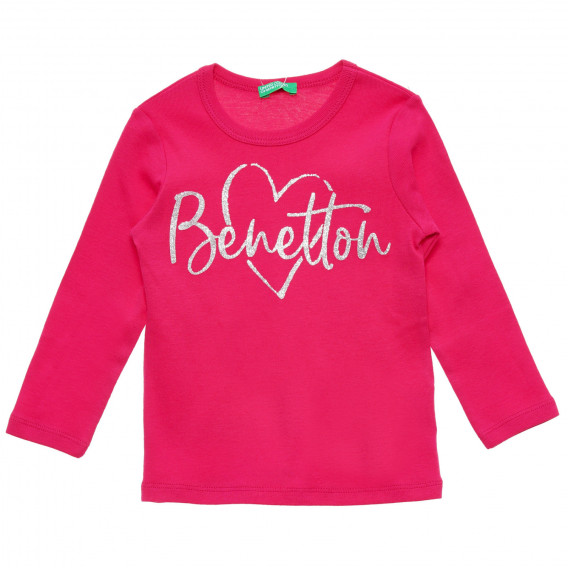 Ροζ, βαμβακερή μακρυμάνικη μπλούζα με επιγραφή της μαρκας Benetton 217016 