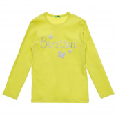 Βαμβακερή μπλούζα με μακριά μανίκια και επώνυμη επιγραφή, κίτρινο Benetton 217024 