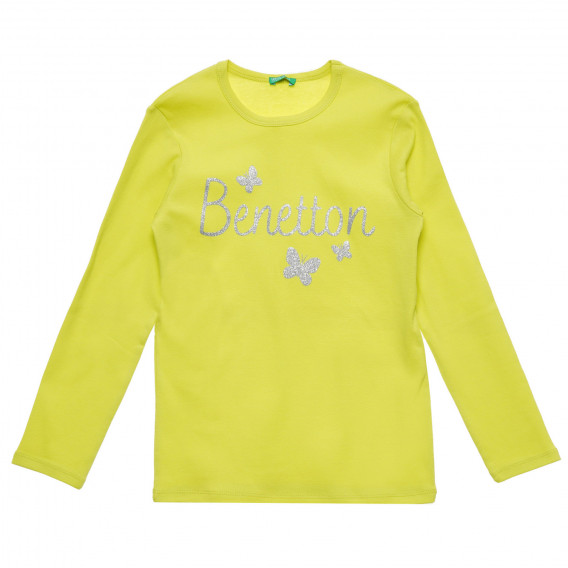 Βαμβακερή μπλούζα με μακριά μανίκια και επώνυμη επιγραφή, κίτρινο Benetton 217024 