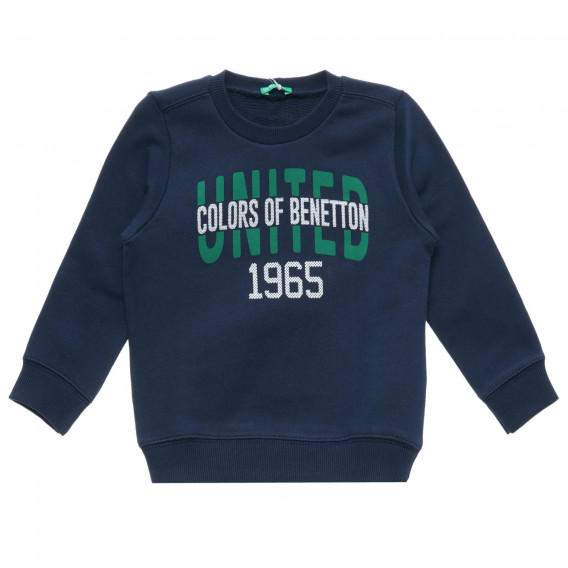 Βαμβακερή μπλούζα με μακριά μανίκια και επιγραφή, σκούρο μπλε Benetton 217044 