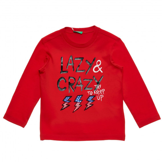 Κόκκινη, βαμβακερή μπλούζα με επιγραφή Lazy Crazy Benetton 217064 