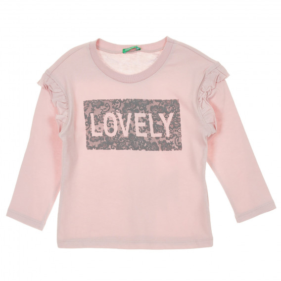 Ροζ, βαμβακερή μπλούζα με επιγραφή Lovely Benetton 217648 