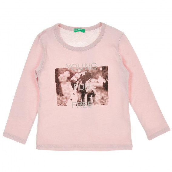 Ροζ, βαμβακερή μπλούζα με επιγραφή μπροκάρ Benetton 217656 