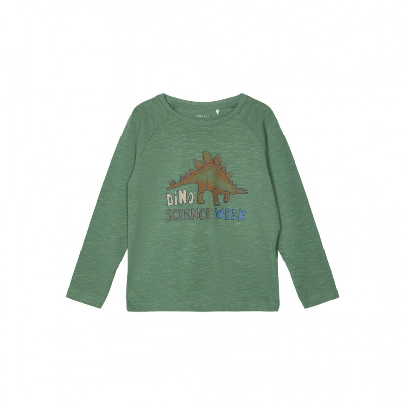 Βαμβακερή μπλούζα με μακριά μανίκια και τύπωμα δεινοσαύρων, πράσινη  218008