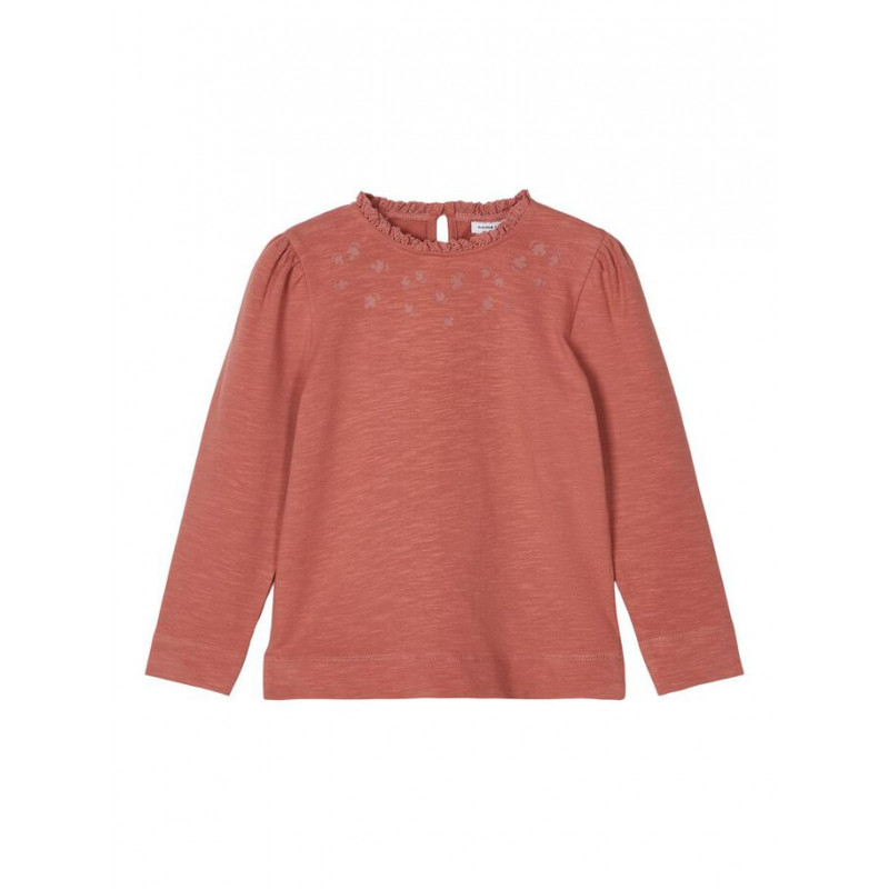 Βαμβακερή μπλούζα με μανίκια και πτυχώσεις, ροζ  218014
