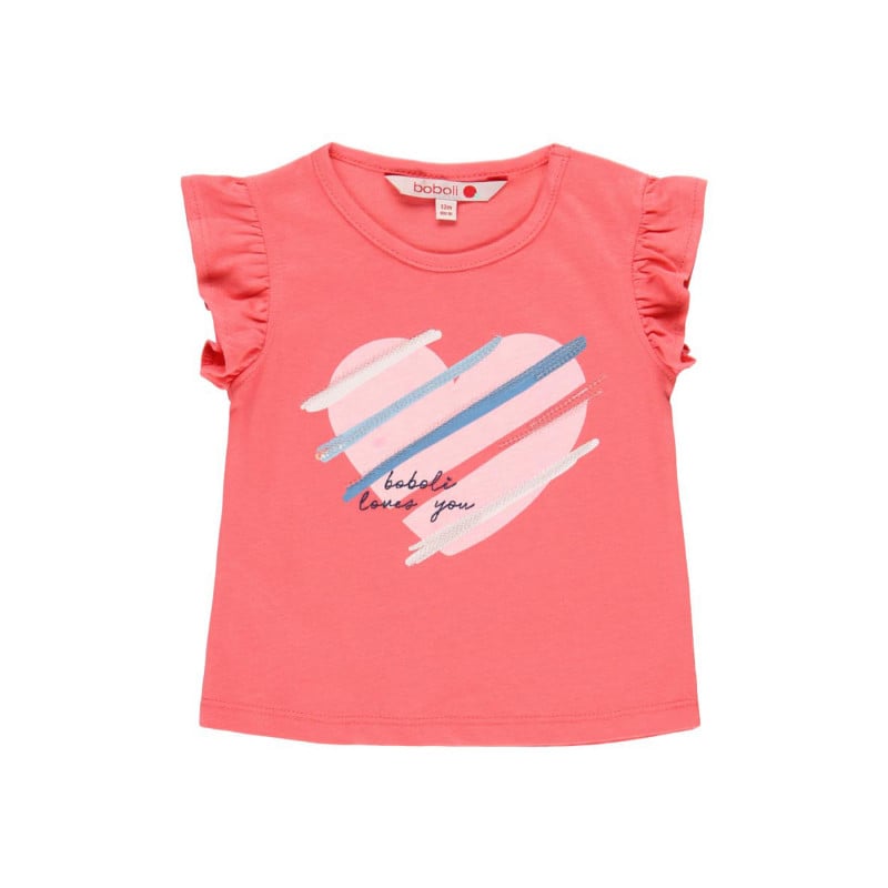 Ροζ, βαμβακερό μπλουζάκι με βολάν στα μανίκια  218964