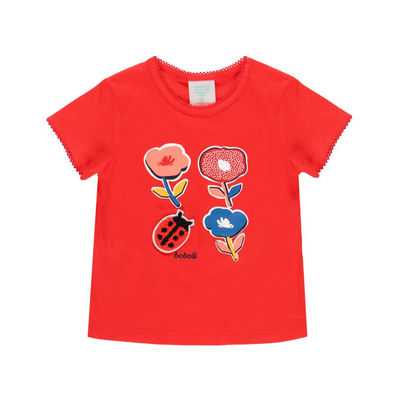 Κόκκινο, βαμβακερό μπλουζάκι με φλοράλ σχέδια  218996