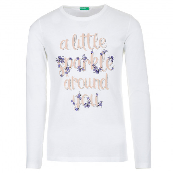 Βαμβακερή μπλούζα με γράμματα και λουλουδάτο τύπωμα, λευκή Benetton 221067 